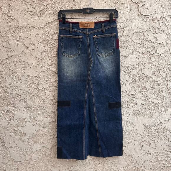Y2k Rock & Republic Patchwork Denim Suede Maxi Skirt Size Small (26” waist) - Picture 2 of 6
